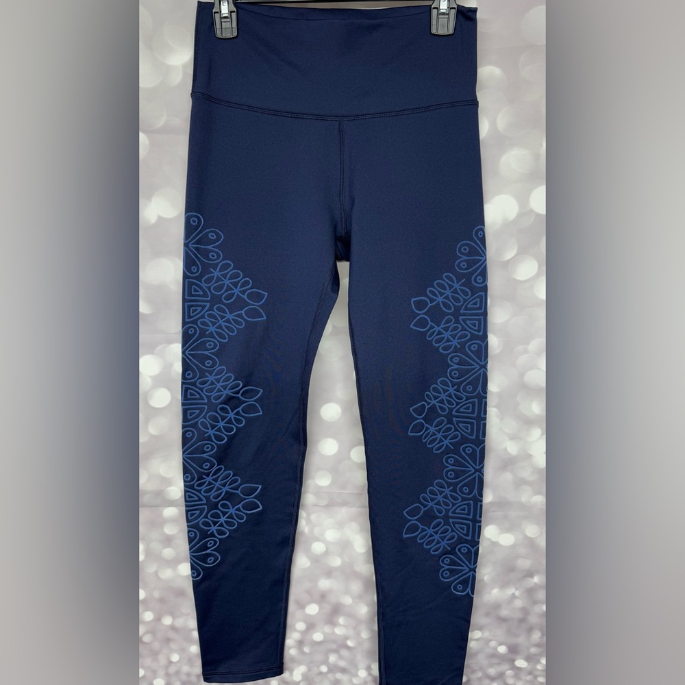 aerie Chill Play Move Navy Blue Embossed Mid Rise Full Length Leggings Large